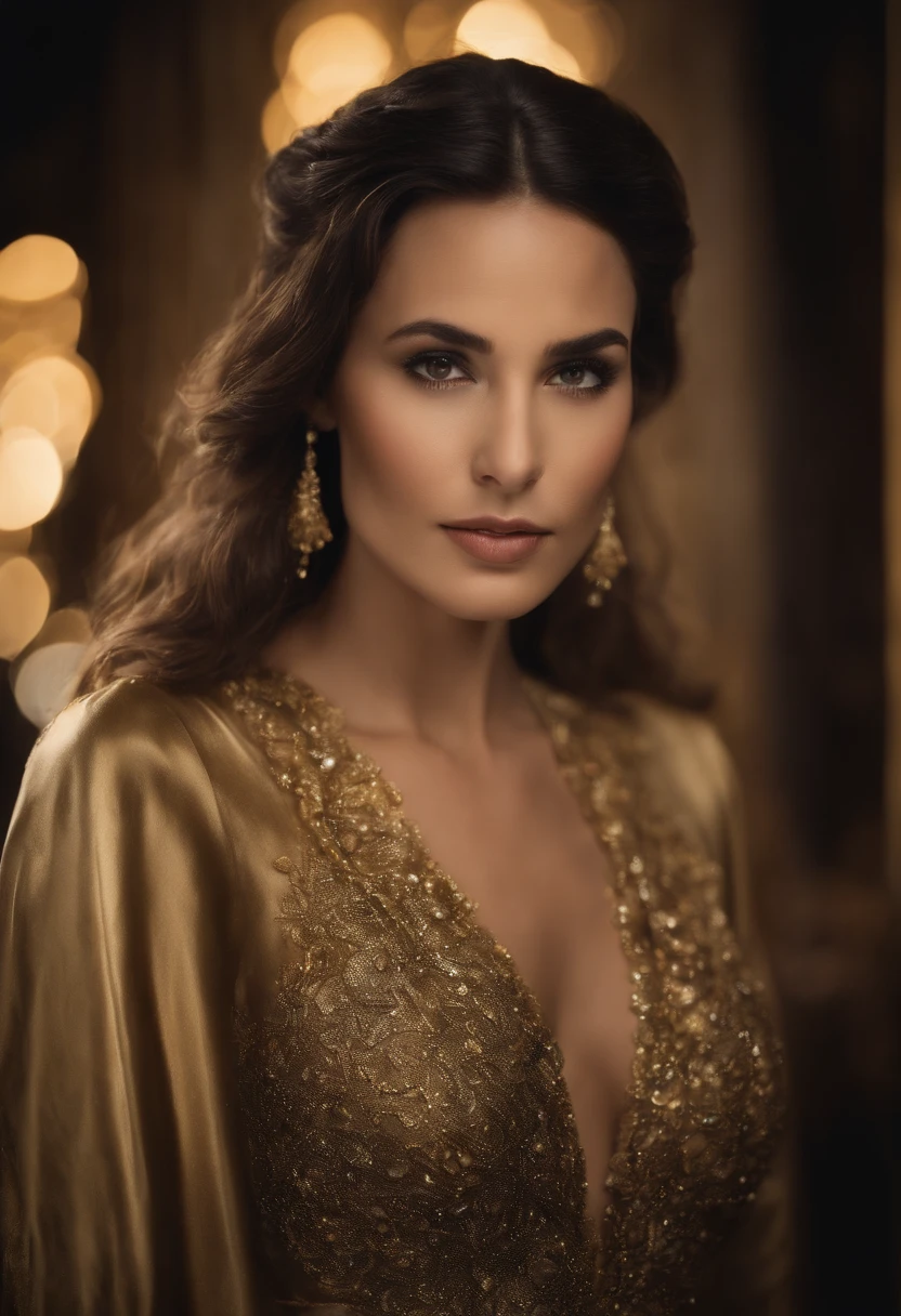 A beautiful woman with long dark brown hair and bangs is featured in the image. She is dressed in a gold dress with a deep V-neckline and is adorned with exquisite gold jewelry, including a necklace and a pair of earrings. She has sharp facial features, long eyelashes, and is looking into the distance with a serious expression. The light highlights her features and the texture of her hair, enhancing the elegance and charm of the scene.
