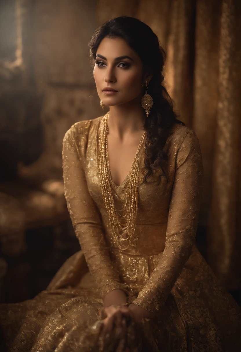 A beautiful woman with long dark brown hair and bangs is featured in the image. She is dressed in a gold dress with a deep V-neckline and is adorned with exquisite gold jewelry, including a necklace and a pair of earrings. She has sharp facial features, long eyelashes, and is looking into the distance with a serious expression. The light highlights her features and the texture of her hair, enhancing the elegance and charm of the scene.