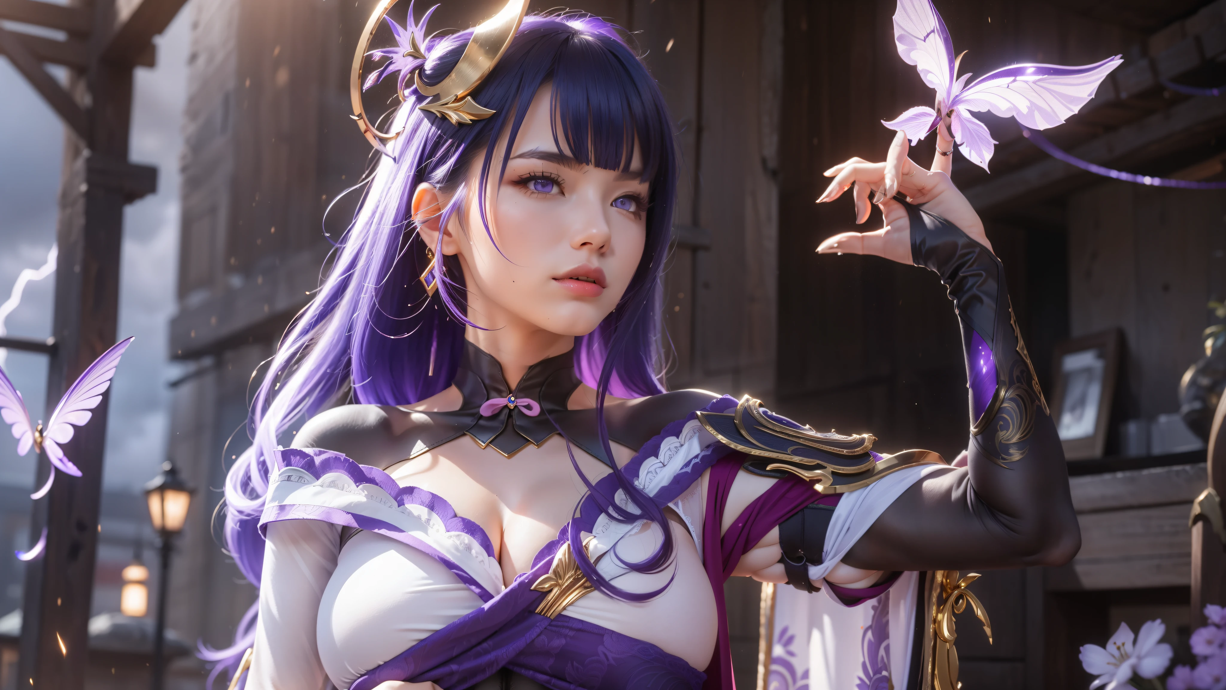 (foto ultra realista, 8K Ultra HD, cheio de detalhes nas roupas e no rosto, obra de arte, menina deusa da beleza). Shogun Raider from Genshin Impact is a sexy woman with long, purple flowing hair, que usa uma lingerie sexy altamente detalhada, She wears a jewel on the side of her head adorned with golden details and a jewel in the center. - Ela usa uma roupa roxa e rosa com detalhes dourados, com desenhos ornamentados em ouro. The upper part of the armor is tight to the body, destacando suas curvas. (ela tem seios longos, seios enormes e perfeitos emergindo de seu sexy, Erotic cleavage, SEIOS pontiagudos), ((micro calcinha transparente mostrando a bucetinha, buceta perfeita)), corpo definido, corpo com curvas, bunda grande e perky, buceta mostrando, His arms are covered in armored gloves with similar designs in gold and secured to the arm by straps... - A piece of cloth flows from his waist, complementando o visual da armadura. - Her face is very beautiful, She has light pink eyes and a serious expression. - Em segundo plano, there is a dramatic sky full of dark clouds and lightning lighting up the scene. The full moon is also visible between the clouds.