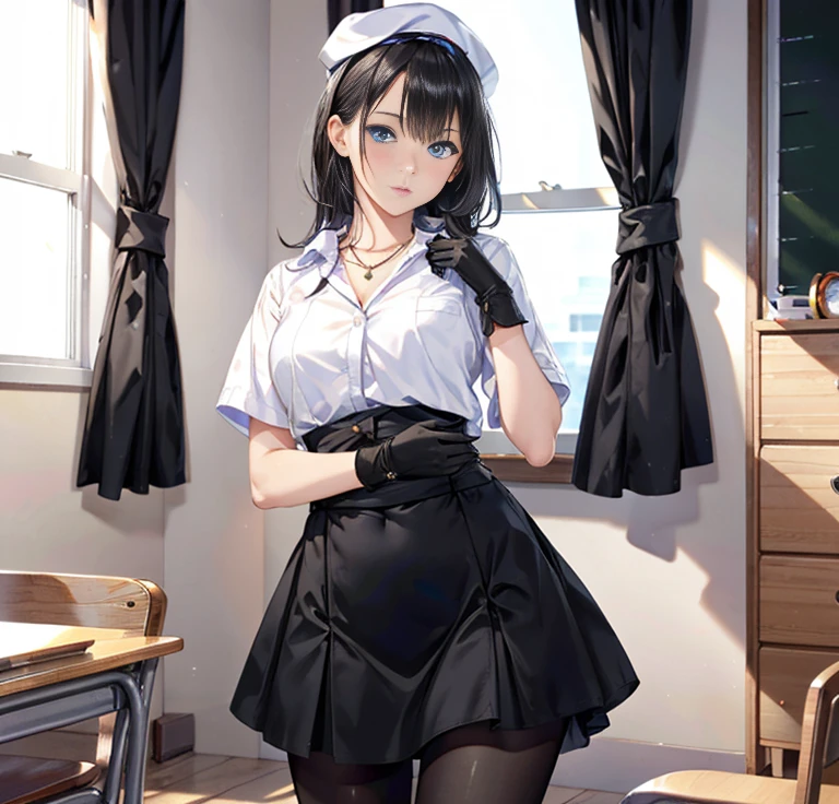 1 girl, (alone:1.2), (cowboy shooting:1.2), (Beautiful and detailed eye descriptions), (Beautiful and detailed face), perfect female body, Neat figure, thin waist, (young girl), (20 years old), long hair, black hair, eyes are big, blue eyes, medium breasts, blush, Shy, wretched，Moisturized lips, teacher, (transparent teacher dress), teacher cap, unbuttoned, (black gloves:1.2), (black pantyhose), High heel, necklace, leg rings, indoors, school teacher, hospital bed, window, black curtains, (best quality), (Super detailed), (masterpiece), (high resolution), (The original), (Extremely detailed CG unified 8k wallpaper), role conception, Game CG, Detailed manga illustrations，(working week 1.1)