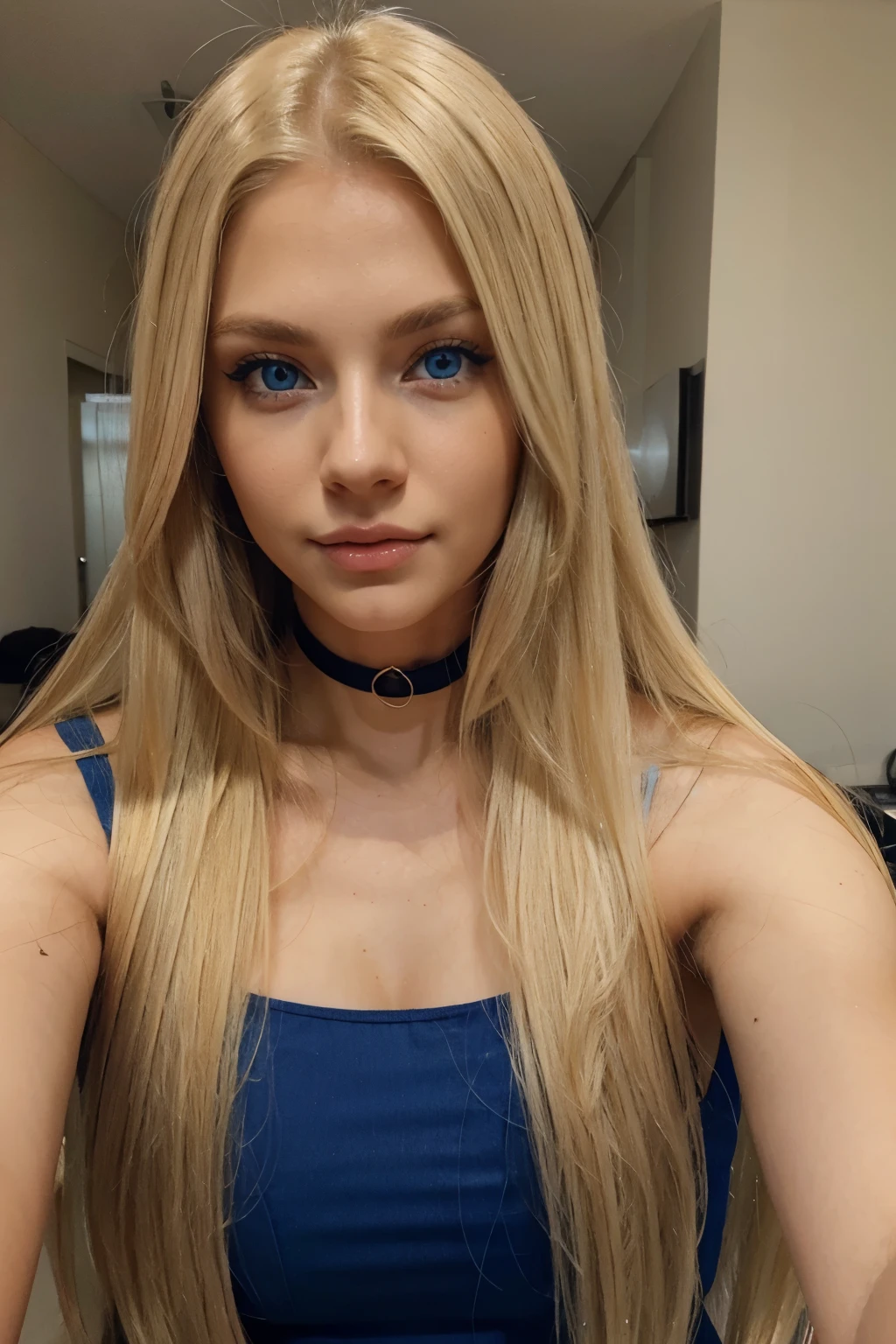 A close up of a woman with long blonde hair wearing a blue dress - SeaArt AI