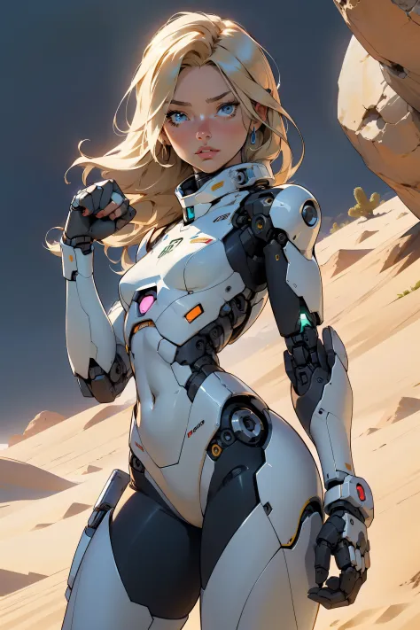 high quality, 4k, masterpiece, beautiful, cyborg girl, cowboy shot, dull eyes, looking at viewer, long blonde hair, girl, small ...