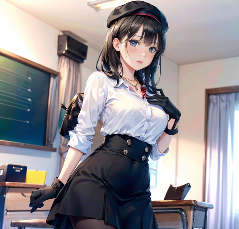 1 girl, (alone:1.2), (cowboy shooting:1.2), (Beautiful and detailed eye descriptions), (Beautiful and detailed face), perfect female body, Neat figure, thin waist, (young girl), (20 years old), long hair, black hair, eyes are big, blue eyes, medium breasts, blush, Shy, Poor moist lips, teacher, (transparent teacher dress), teacher cap, unbuttoned, (black gloves:1.2), (black pantyhose), High heel, necklace, leg rings, indoors, school teacher, podium,blackboard, window, black curtains, (best quality), (Super detailed), (masterpiece), (high resolution), (The original), (Extremely detailed CG unified 8k wallpaper), role conception, Game CG, Detailed manga illustrations，(working week 1.1)