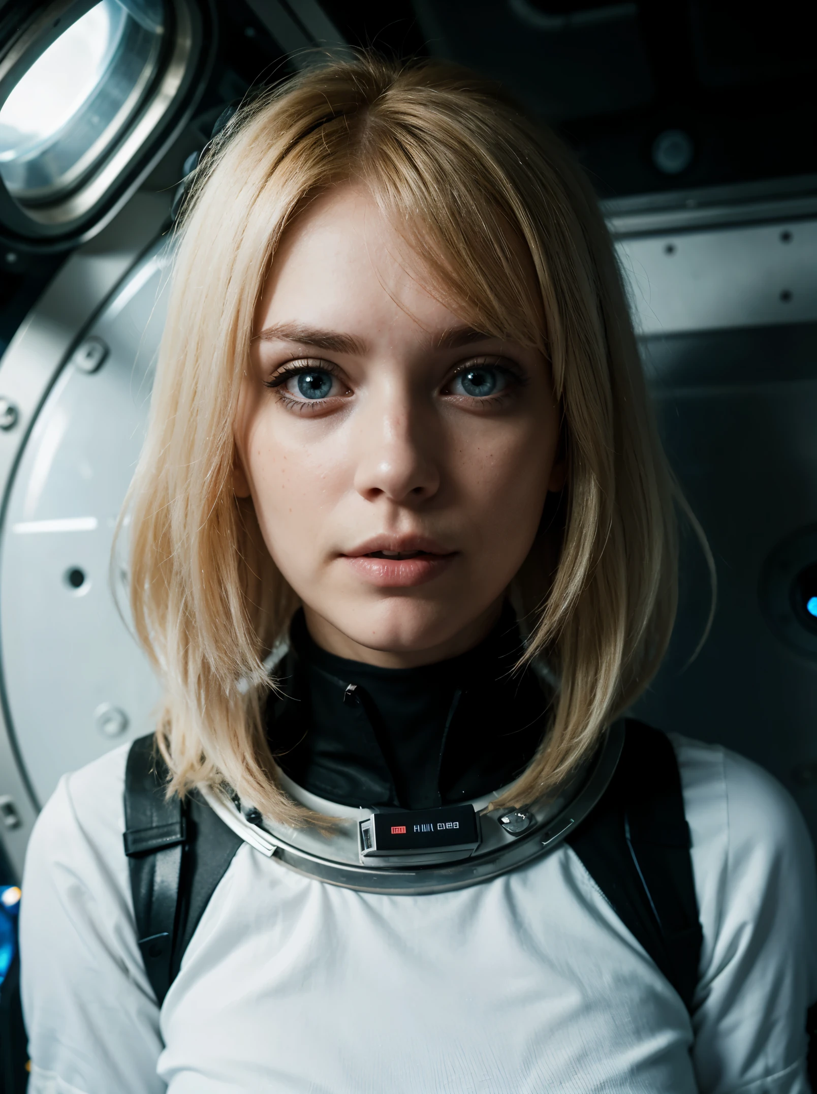 Foto einer blonden Frau, im Weltraum, Futuristischer Raumanzug, (Sommersprossen:0.8) niedliches Gesicht, Science-Fiction, Dystopisch, Detaillierte Augen, blaue Augen