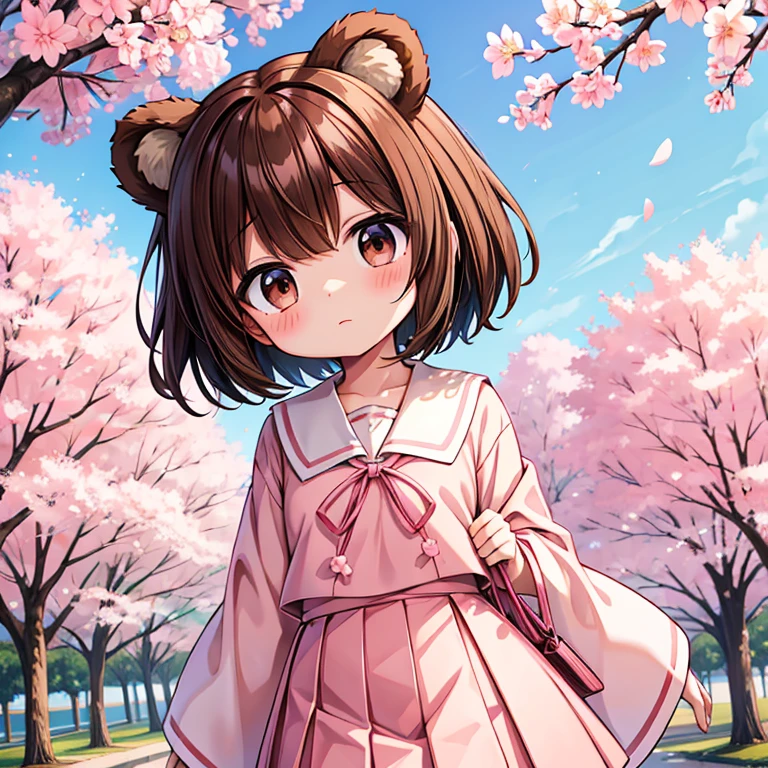 Garota de anime com cabelo castanho curto, orelhas de urso, olhos castanhos, rosto fofo, peito plano, uniforme escolar japonês rosa em um parque com uma cerejeira