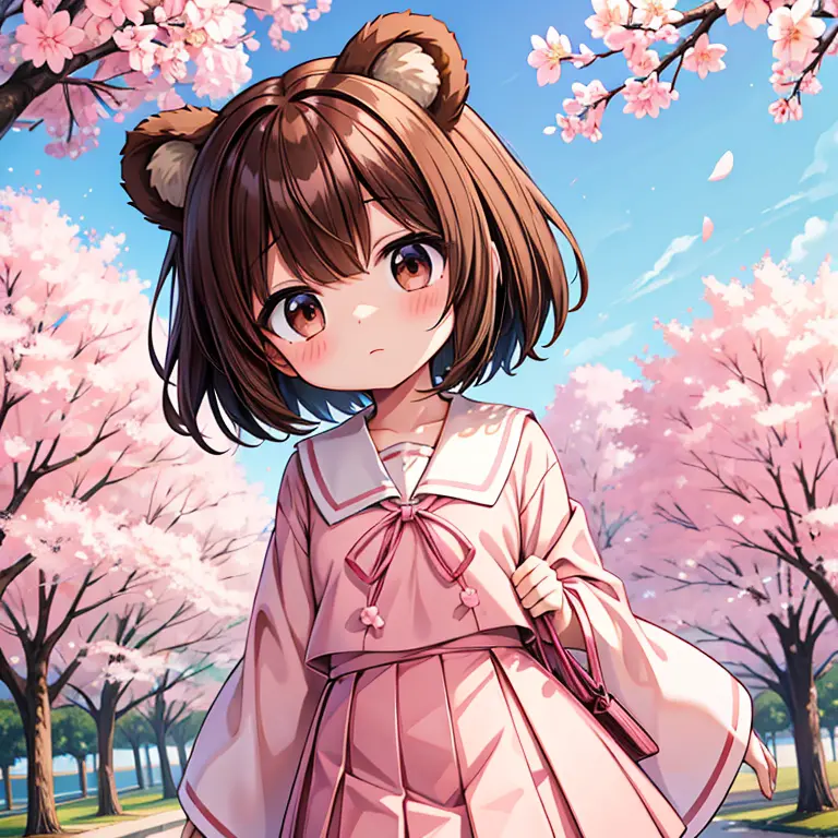 Anime girl with brown short hair bear ears brown eyes cute face flat chest pink japanese school uniform in park with cherry blos...