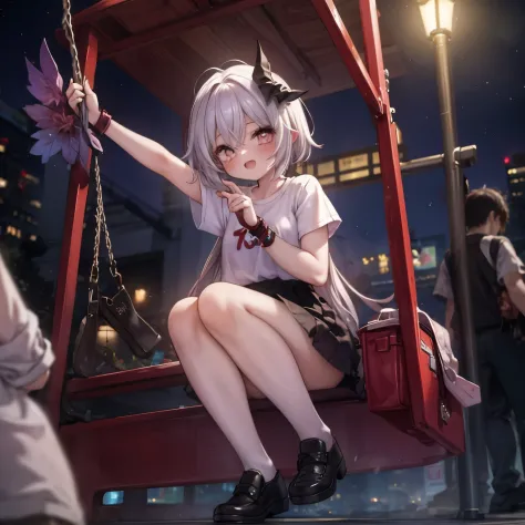 1 girl, happiness, holds a bat in her hands, swings, blood on the bat, night, street lighting



