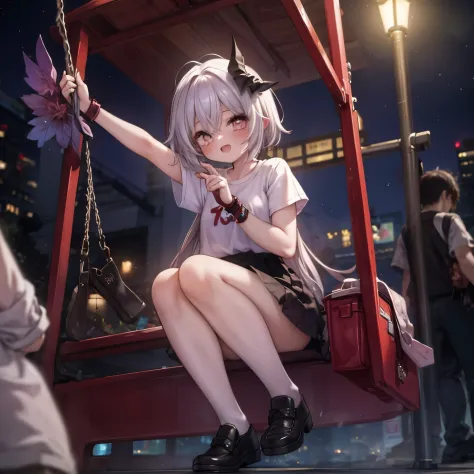 1 girl, happiness, holds a bat in her hands, swings, blood on the bat, night, street lighting