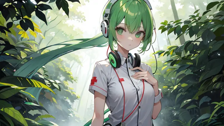 white nurse uniform, green hair, side tail, (headphones are on your shoulder:1.2), psycho gun on arm, in the forest