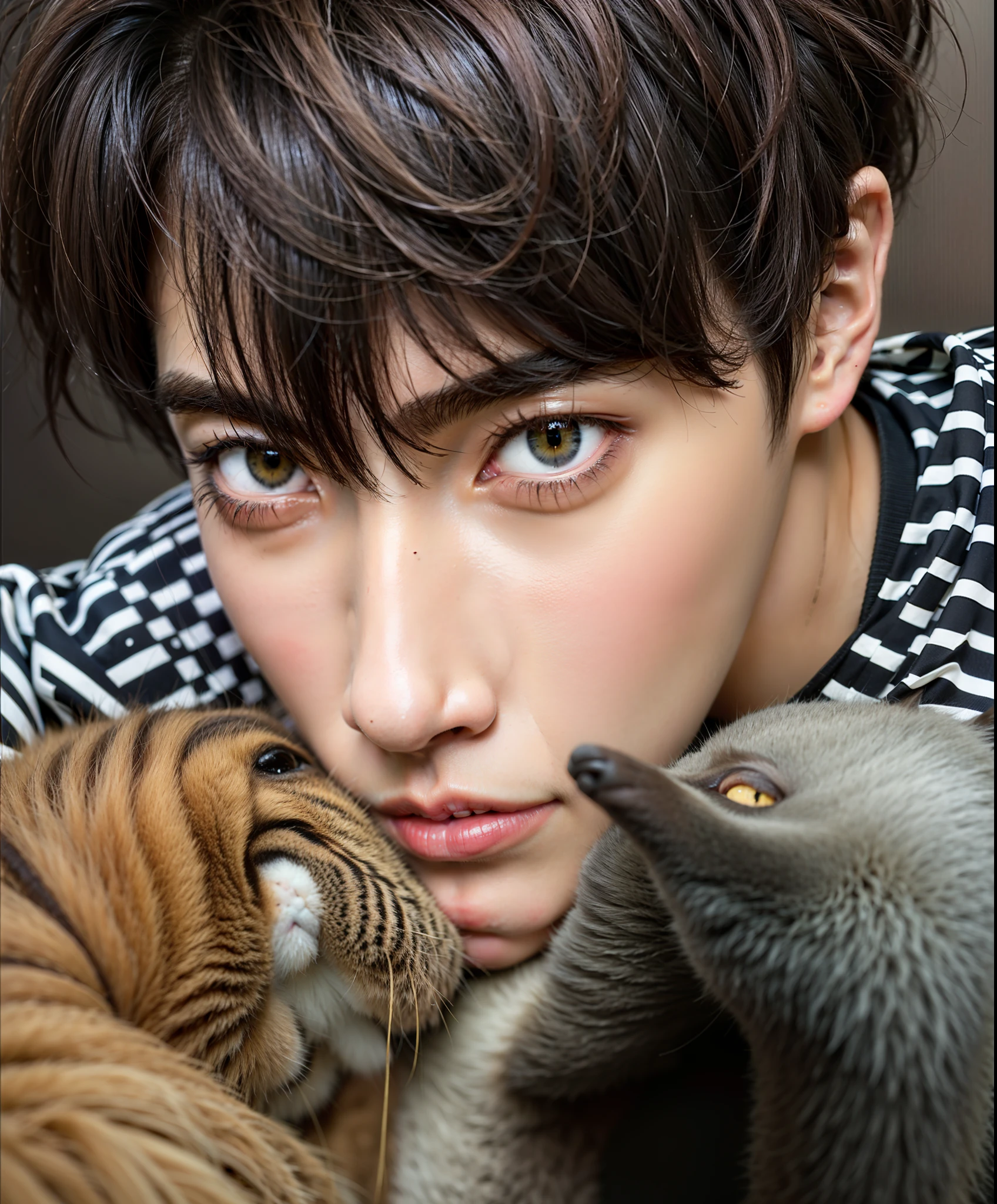 there is a man that is holding a cat and a cat, cai xukun, louis partridge, with cute doting eyes, jung jaehyun, kim doyoung, jinyoung shin, taejune kim, male ulzzang, sakimichan, he has yellow wolf eyes, wan adorable korean face, hyung tae, xqc, taehyung eating gucci fries, louis partridge