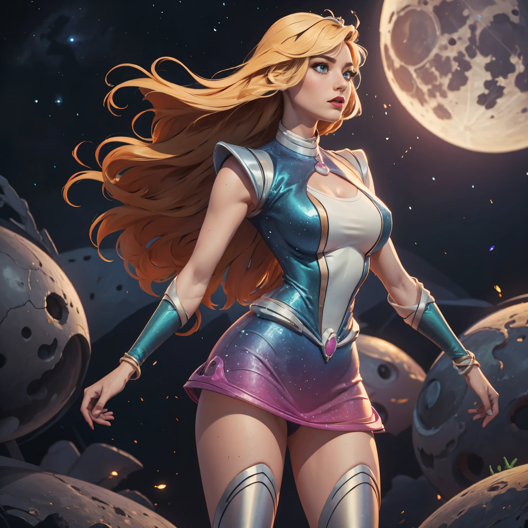 We can see Planet Earth on the sky from the Surface of the Moon. Beautiful nude woman with massive breasts. The breasts are not covered by anything. Red full lips. full body view. Sexy blonde hyper realistic model with well detailed green eyes, thin face. shiny blue stockings. Woman is standing on the moon