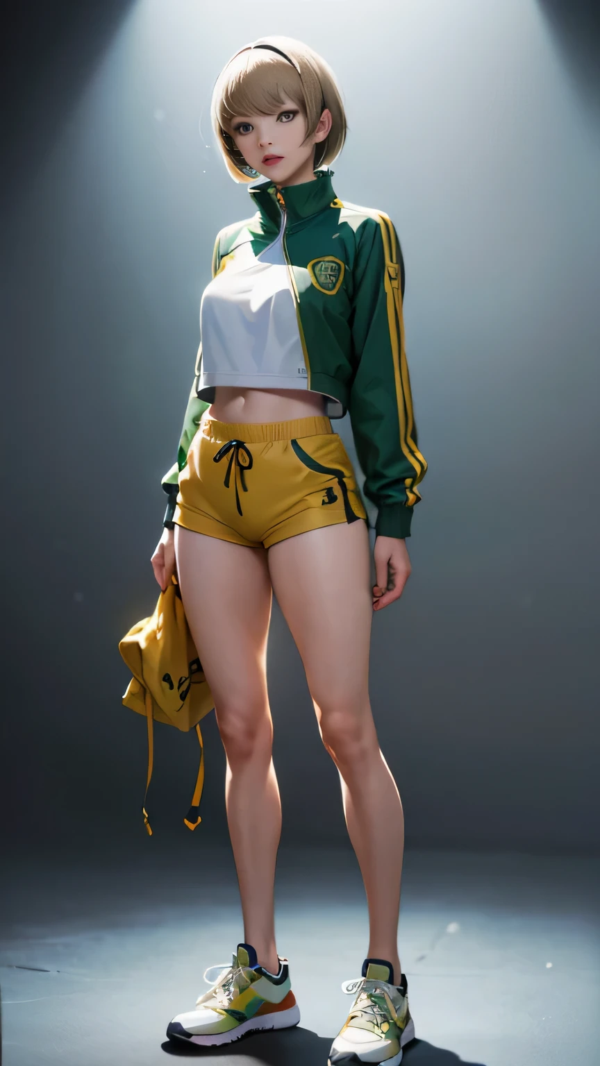 Full body image, Persona 4 Chie Satonaka, light brown very short bob hair, round face, , Double eyelids, Wearing torn mini-shorts, green track suit top, tennis shoes, white knee high stockings, Looking at Viewer, (Detailed Face), standing (standing 1.4), Bust, Long Legs, Thin Waist, Buttocks, Ultra Fine Makeup, ultra fine clothes, beautiful attractive woman, highly detailed, (Realistic lighting, Top Quality, 8K, Masterpiece: 1.3)),(High Resolution), (8K), (Very Detailed), (Best Quality), (Ultra Detailed), (Masterpiece), ultra high resolution, (photorealism: 1.4)