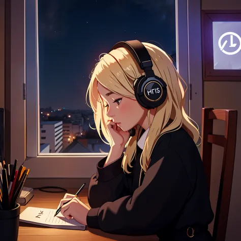 lofistics, 1 girl them, s writing, From the outside, girl with, blond hair, hair length, headphones on head,   window, Ukraine F...