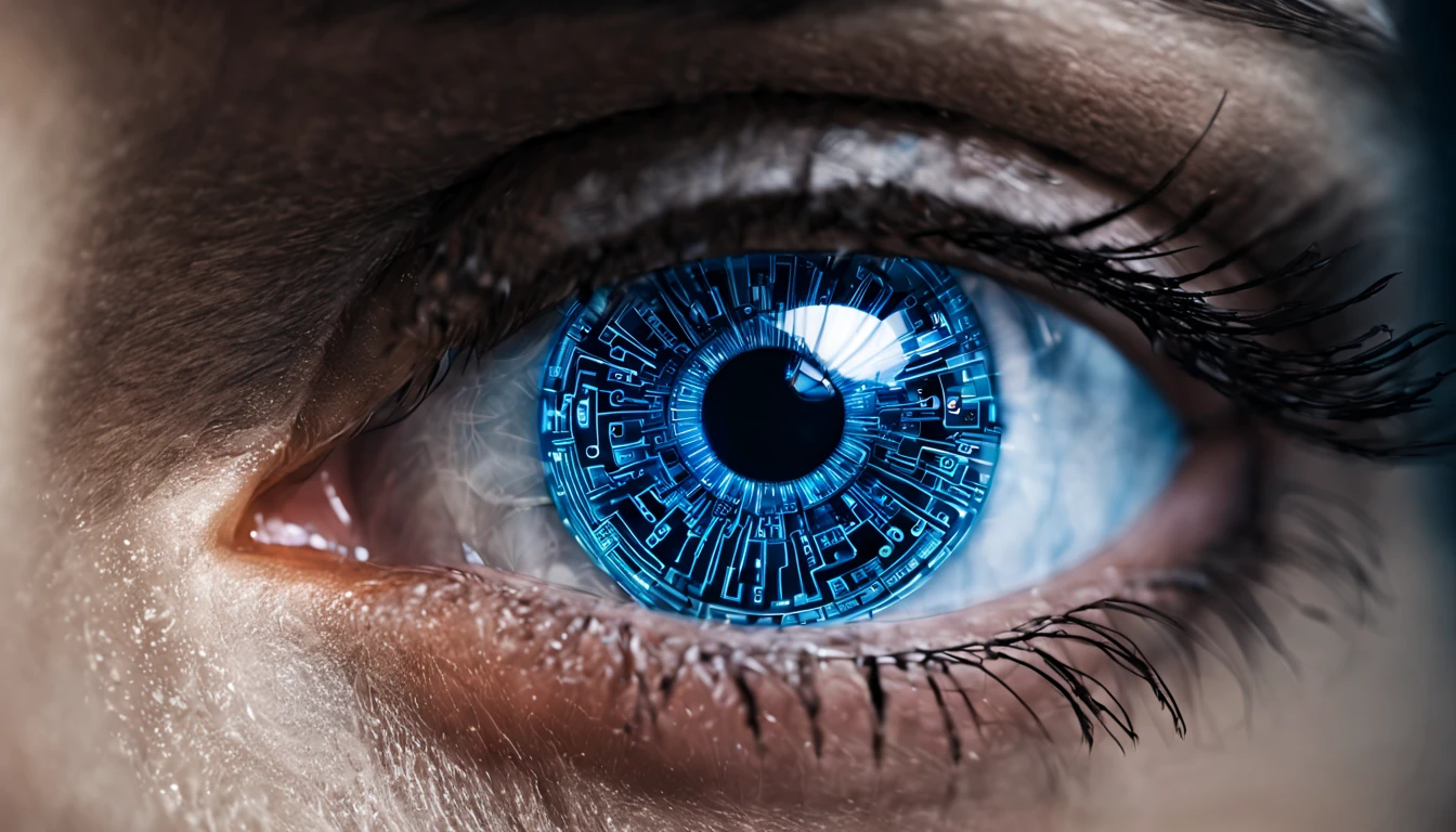 a close up of an eye with a circuit in the background, eye cyberpunk bionics, cybernetic eye, robotic eye, cybernetic eyes implants, blue cyborg eyes, computer vision, augmented vision, robotic eyes, human with one robot eye, techno eye, cyborg eyes, robot eye, the image is futuristic, android eyes