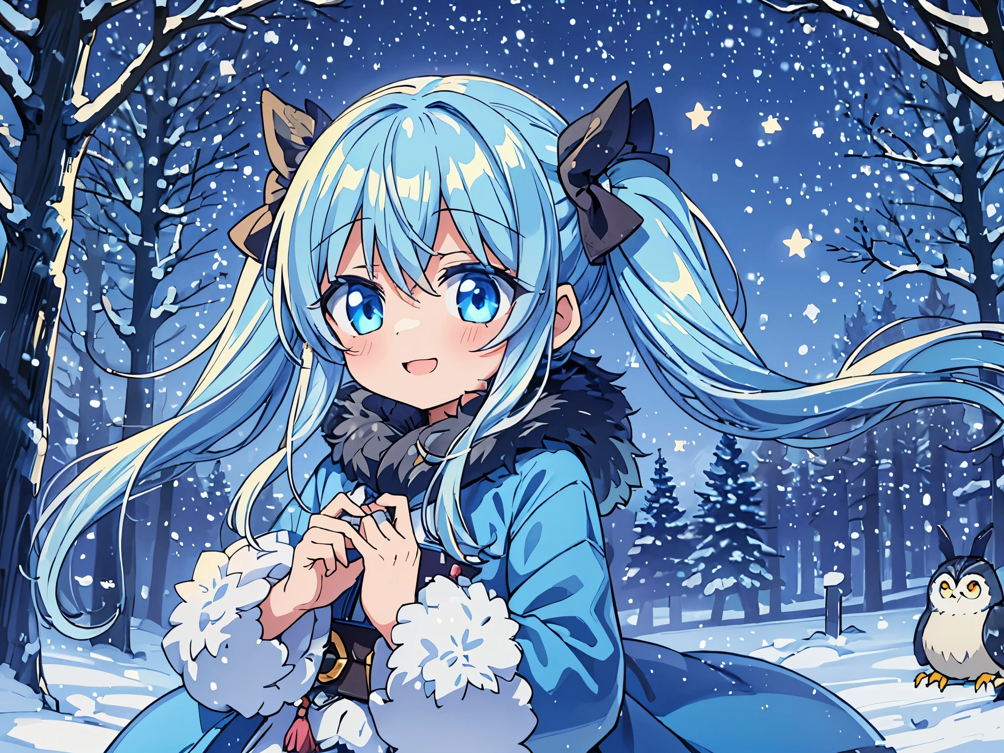 It&#39;s snowing((Some photos)).In the cold winter forest with wind blowing　It&#39;s snowing　Beautiful girl with long light blue hair　twin tails　adorable smile　warm yellow down coat　A big big owl watches over the girl　beautiful moonlit night　The stars twinkle