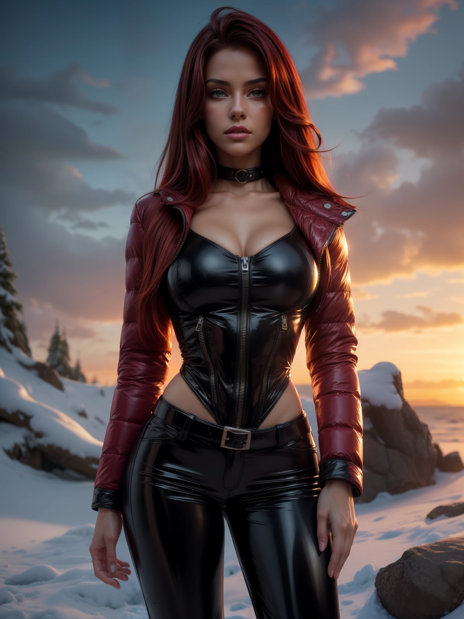 photorealism, full body, a beautiful woman with crimson hair, leather puffer down jacket & latex pants, leather choker, beautiful realistic eyes; fantastic face, beautiful look, warm dreamy lighting, white background, volumetric lighting, Alaskan resort landscape sunset background, pulp adventure style, fluid acrylic, dynamic gradients, vivid color, highly detailed, simple, smooth and clean, smooth, character design, 3d shading, cinematic, ornate patterns, elegant organic framing, hyperrealism, posterized, collection of masterpieces, lush vivid colors, twilight, wet gouache