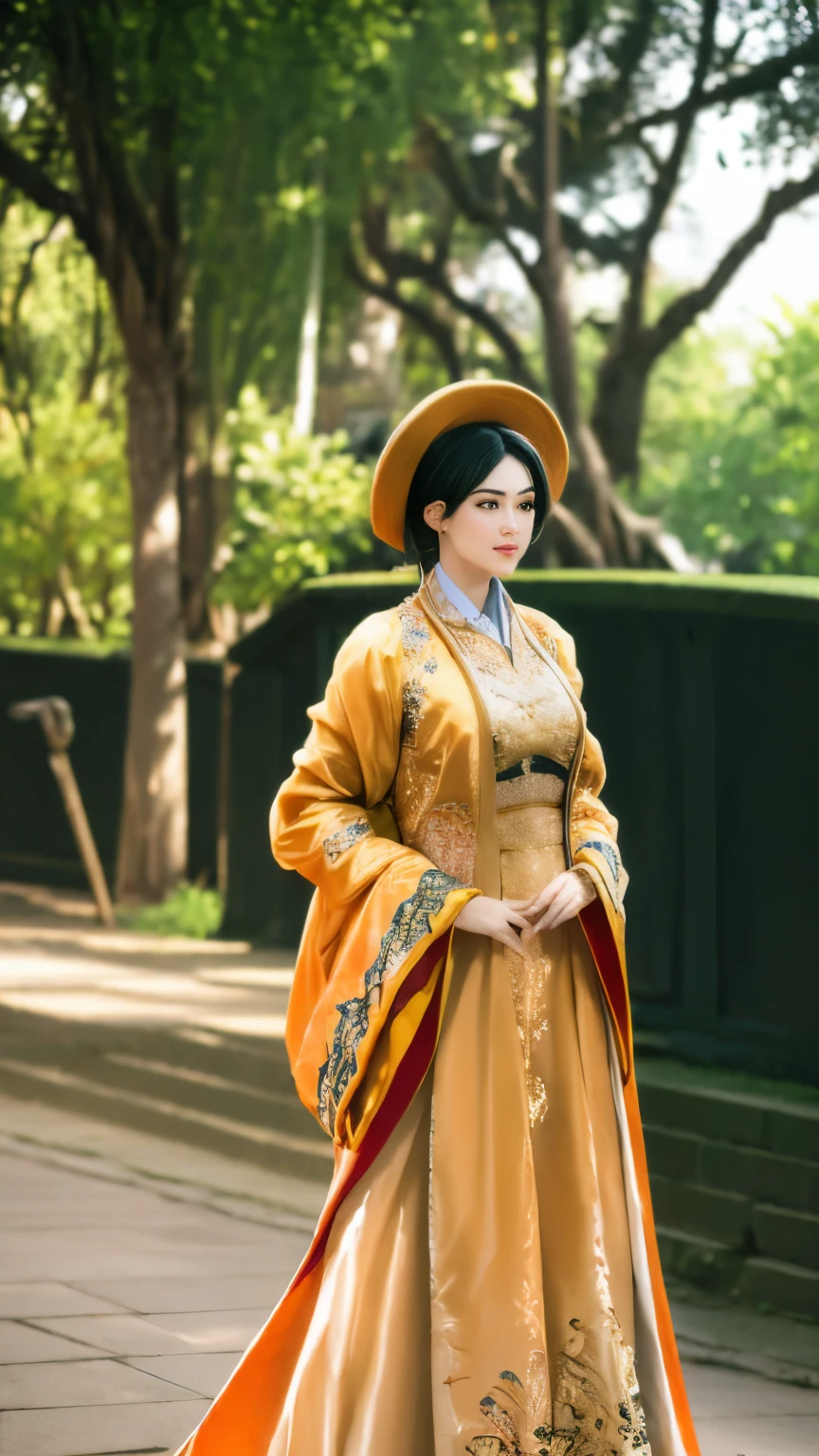 black hair, Surrealism, 8k, super detail, UHD, masterpiece, ccurate, anatomically correct, textured skin, super detail, high details, high quality, best quality, 8k，Beautiful woman，(golden dress:1.5)，Glittering costumes，Princess，western castle