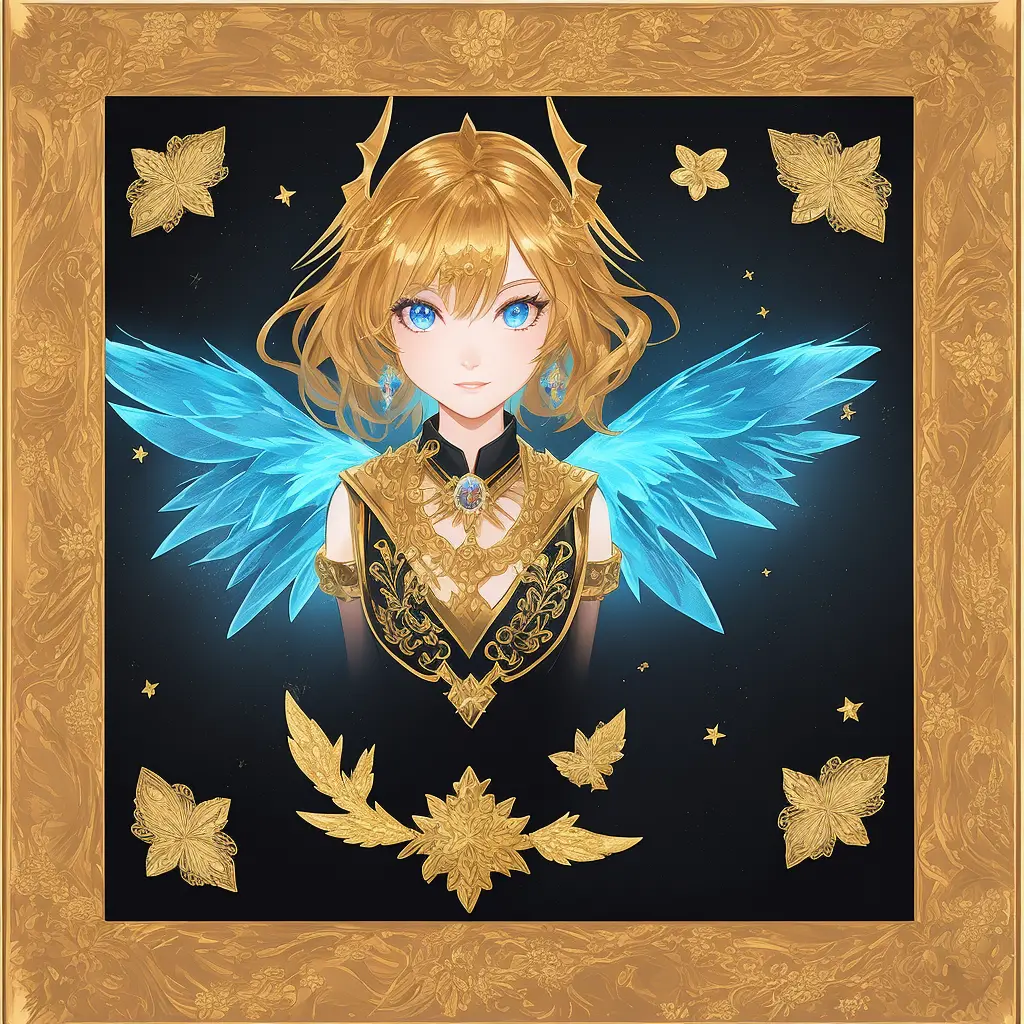 game avatar frame with square metal frame and multiple metal-like wings. gold color, sparkle, diamond decoration, bright color, ...