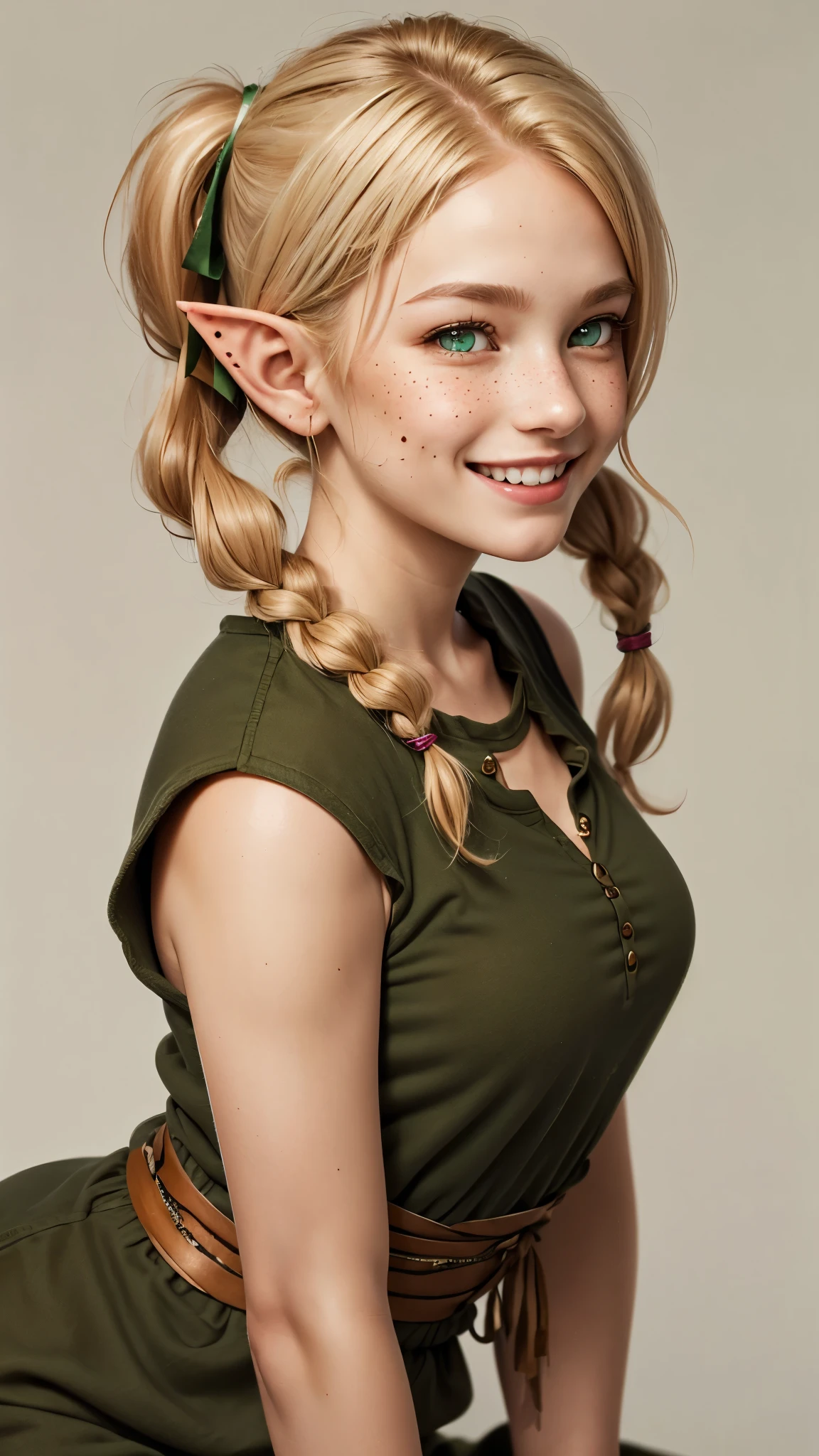 A 23-year old caucasian female elf with honey-blonde hair hair in pigtails and bright olive-green eyes. Freckles and a slight blush. Centered view. Laughing.