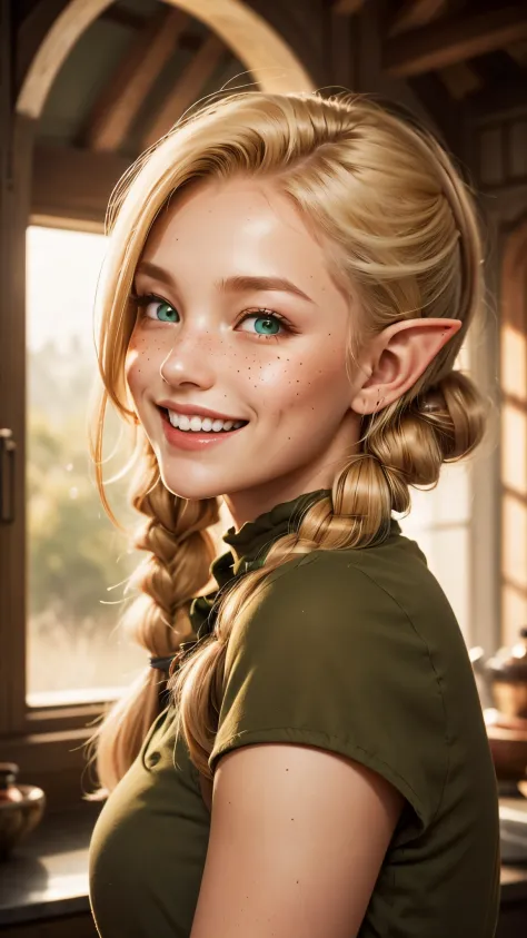 A 23-year old caucasian female elf with honey-blonde hair hair in pigtails and bright olive-green eyes. Freckles and a slight bl...