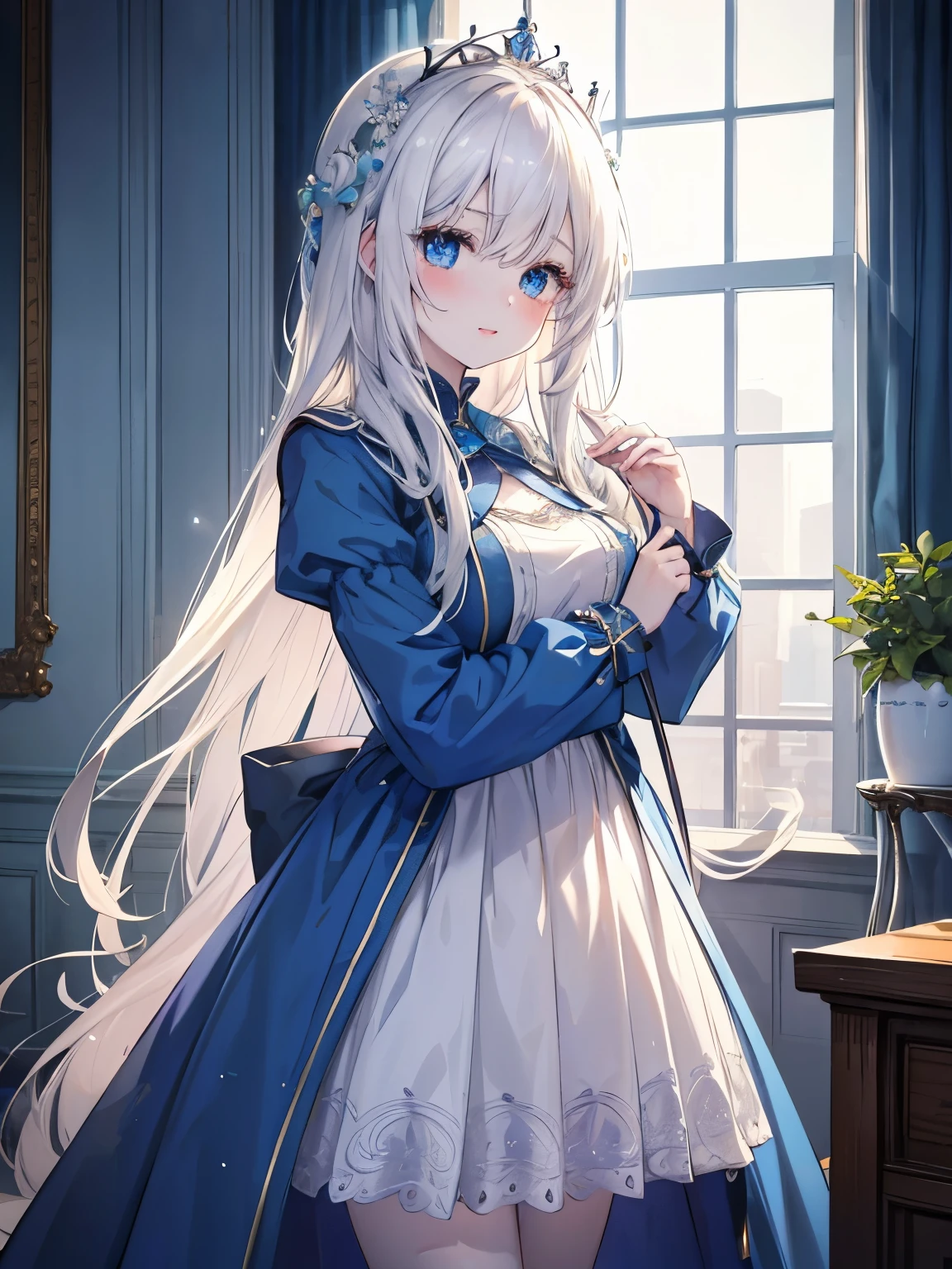 muste piece, highest quality, (perfect face:1.1), (high detail:1.1), (highly detailed eyes), that&#39;dramatic, Ultra-fine illustration, very detailed, 1 girl, (white skin), long white hair, ethereal eyes, blue eyes,we say, (thin eyebrows),blush,alone,shy smile, happy, laugh together, enjoy, open your mouth, plump lips,cinematic lighting, looking for audience,cowboy shot,long sleeve,blue princess dress, indoor,winter background