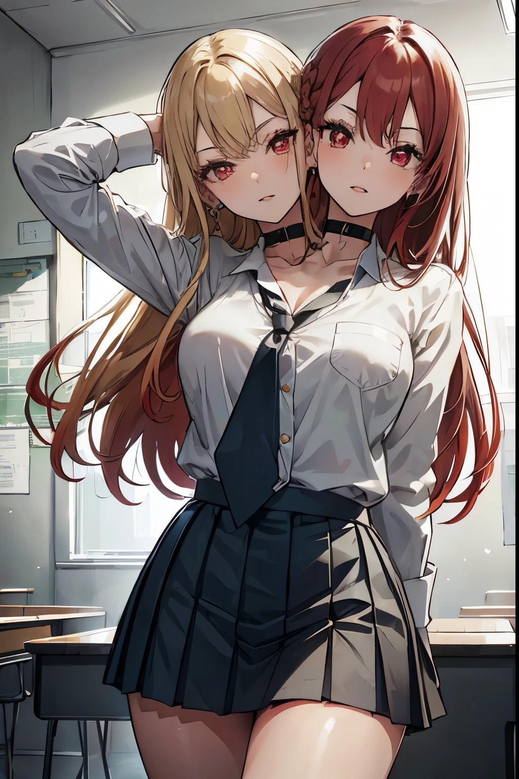 marin kitagawa, blonde hair, choker, ear piercing, earrings, long hair, piercing, (red eyes:1.5), straight hair, (two_heads:1.5), swept bangs,
BREAK black necktie, long sleeves, pleated skirt, , shirt, skirt, sleeves rolled up, white shirt, cleavage,
BREAK indoors, classroom,
BREAK looking at viewer, 
BREAK (masterpiece:1.2), best quality, high resolution, (beautiful detailed eyes:1.6), extremely detailed face, perfect lighting,