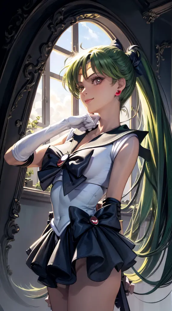 masterpiece, best quality, high resolution, 1girl, solo, ponytail, green hair, (elbow gloves), headdress, dark red  bow, tight t...