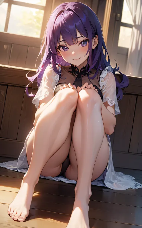 (Unity 16K Wallpaper, Masterpiece, Best Quality, Ultra Detailed, Extremely Detailed CG, Ultra High Resolution, Caustics, Detailed, Beautiful Detailed Eyes, solo, curby:1.3, negligee, dutch angle, naughty smile, own hugging legs), fine skin, purple hair, fu...