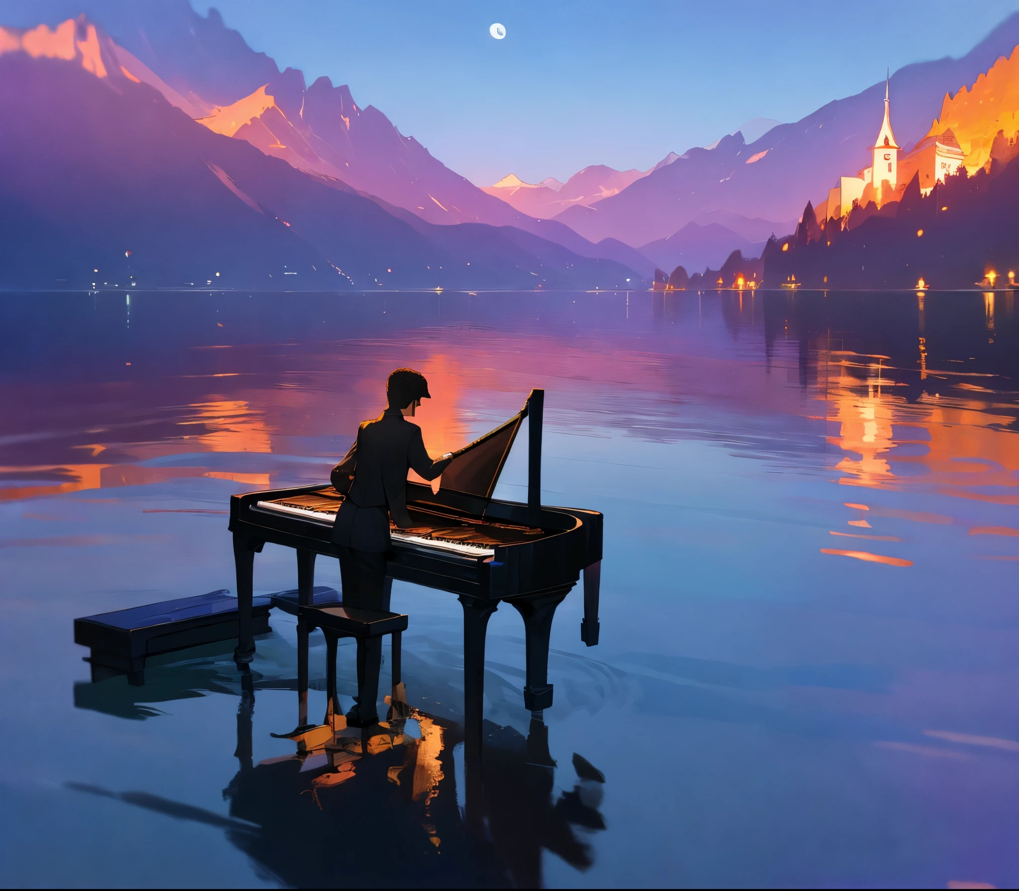 playing piano in the dark and as the only light source is moonlight and piano and piano player floating on Switzerland's Lucerne lake 