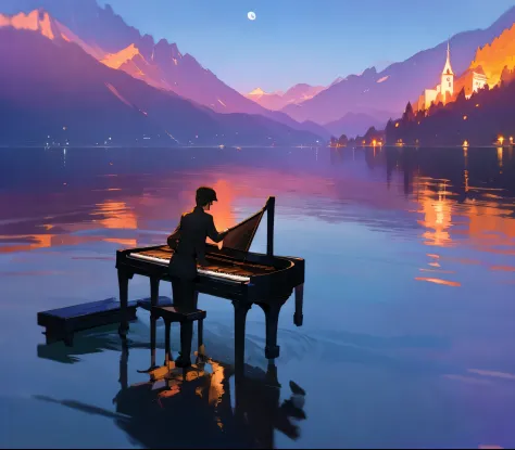 playing piano in the dark and as the only light source is moonlight and piano and piano player floating on Switzerland's Lucerne...