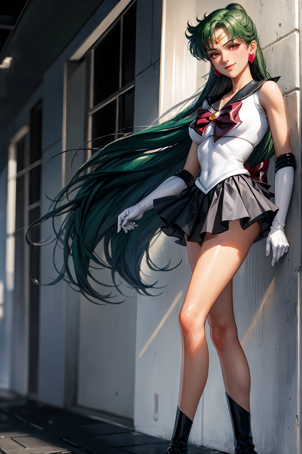 Masterpiece, Best Quality, High Resolution, 1girl, Solo, Ponytail, Green Hair, (Elbow Gloves), Headdress, dark red Bow, Tight Top, (Black Sailor Collar), White Gloves, Earrings, Smile, Pure Background, Clean Background, white Background, Black Skirt, (Sailor Pluto Uniform), (Sailor Pluto Uniform), Standing, Leng Jun, White Top, Elbow Gloves, black boot, walking on the floor