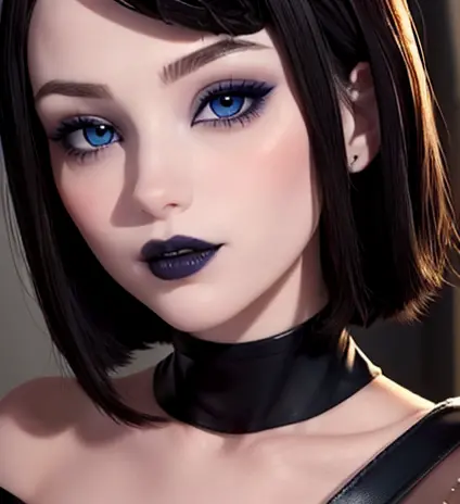 fine and detailed face perfect blue eyes pale skin gothic makeup full lips sensual and provocative smile image 1.2 pelo negro co...