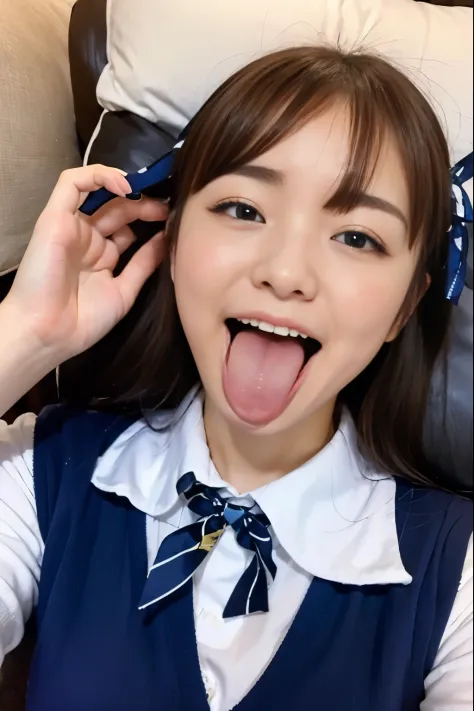 (32K)、beautiful japanese girl、Open your big mouth and stick out your tongue、excited face、troubled face、16 years old、Japanese high school girl uniform、See here、He wears a short ribbon on his shirt.、beautiful face、beautiful white skin、lying face up in bed、Pi...