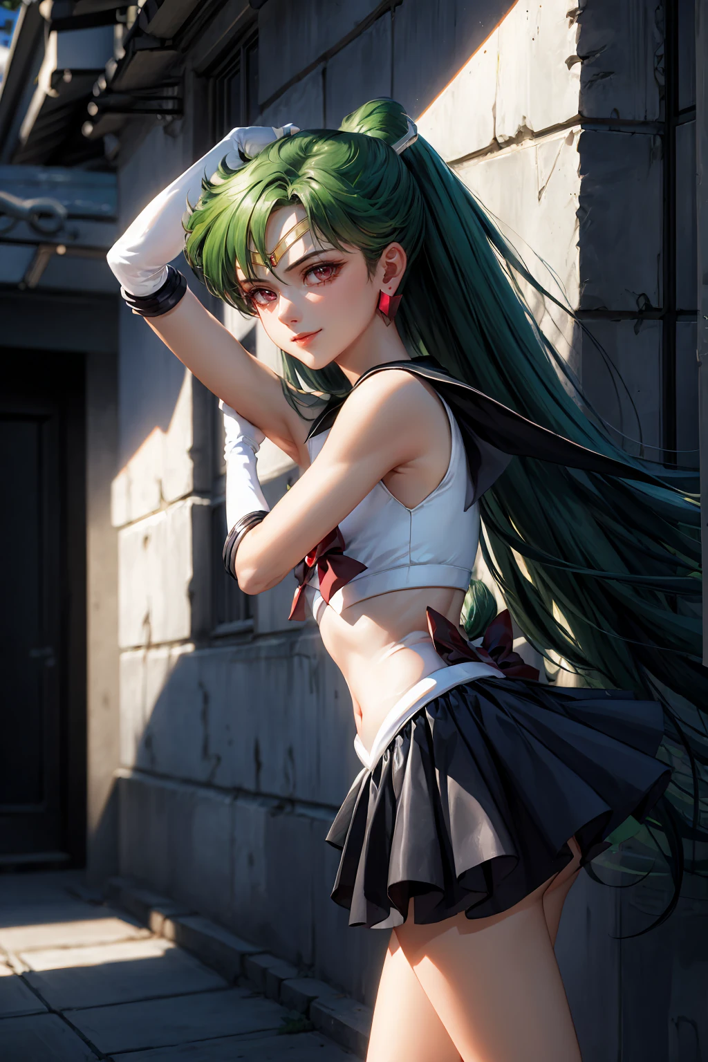 Masterpiece, Best Quality, High Resolution, 1girl, Solo, Ponytail, Green Hair, (Elbow Gloves), Headdress, dark red Bow, Tight Top, (Black Sailor Collar), White Gloves, Earrings, Smile, Pure Background, Clean Background, white Background, Black Skirt, (Sailor Pluto Uniform), (Sailor Pluto Uniform), Standing, walking, back, front, looking at the camera, dynamic poses. Leng Jun, White Top, Elbow Gloves, black boot, walking on the floor