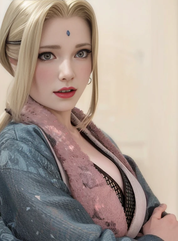 mulher jovem, pele de porcelana, cabelo loiro em duas tranças baixas, Testa grande, grandes lábios vermelhos, olhos de abelha, Quimono verde, seios grandes, Tsunade, 3d, Realismo