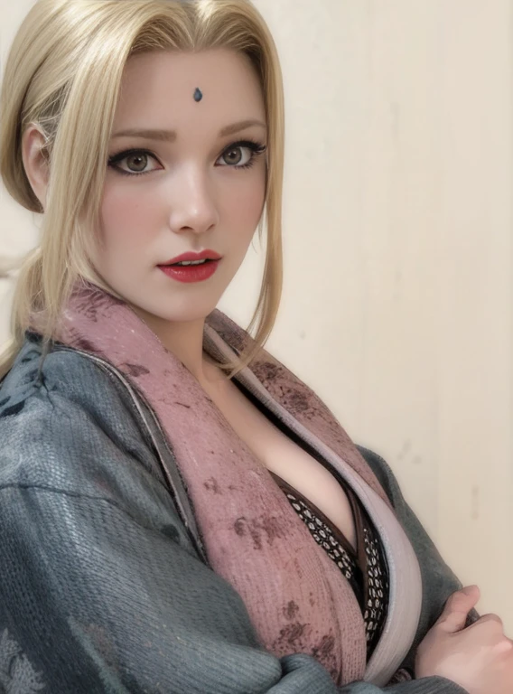 young woman, porcelain skin, blonde hair in two low pigtails, wide forehead, big red lips, abellan eyes, green kimono, big breasts, Tsunade, 3d, realism