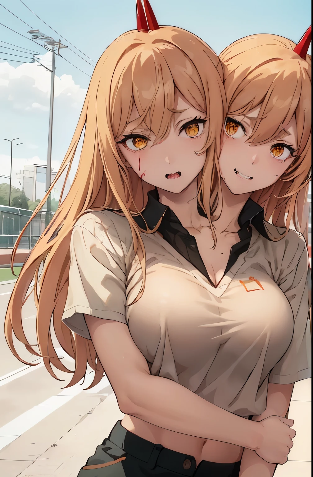 (best quality), (two_heads:1.4) (masterpiece), (solo), 1girl, power_csm, blonde hair, yellow eyes, cross-shaped pupils, park background, symbol-shaped pupils, red horns, black sports bra, unbuttoned baseball shirt, white pants, baseball cap, ((evil, blood, sadistic)), upper body