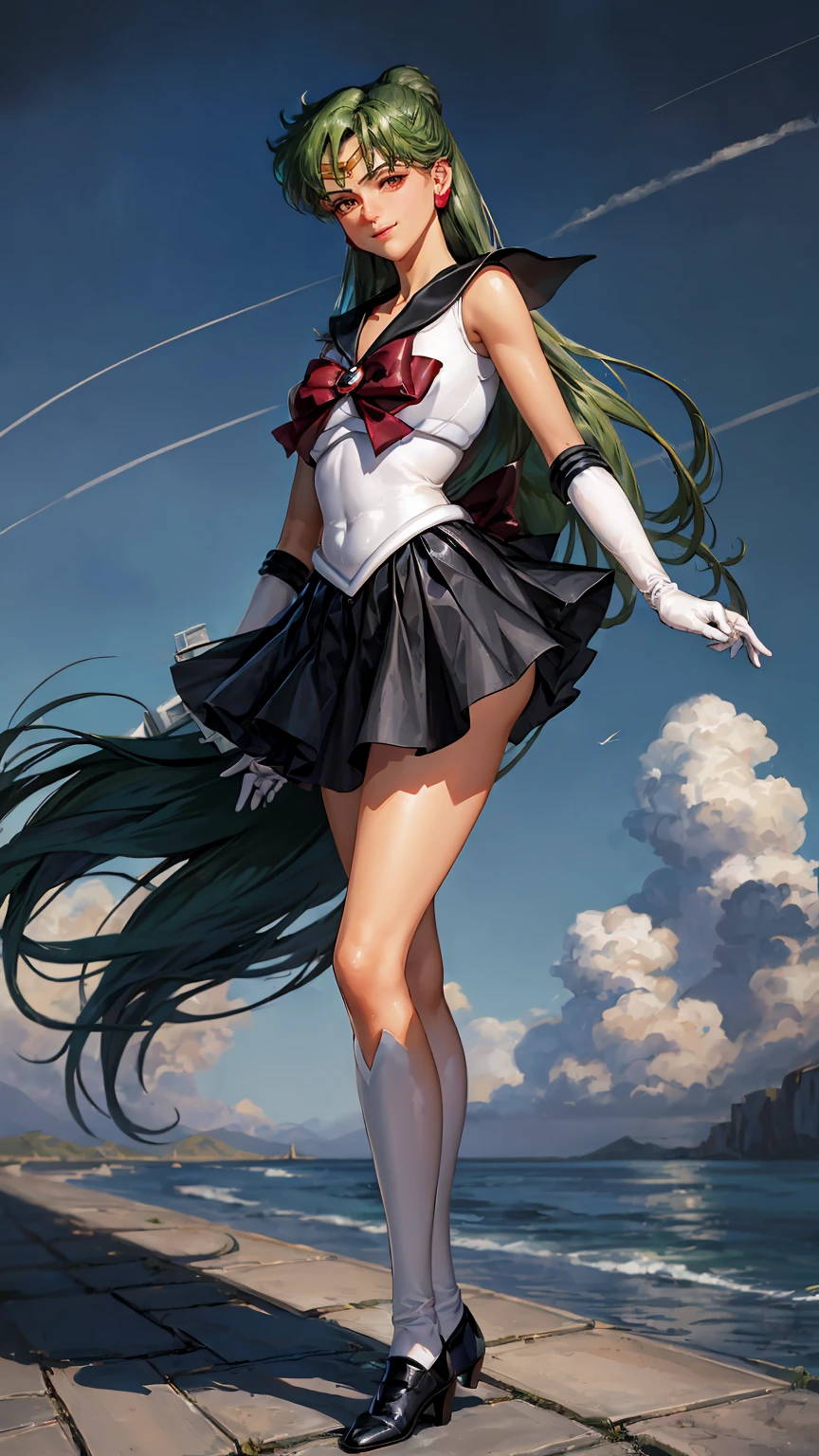 Masterpiece, Best Quality, High Resolution, 1girl, Solo, Ponytail, Green Hair, (Elbow Gloves), Headdress, dark red Bow, Tight Top, (Black Sailor Collar), White Gloves, Earrings, Smile, Pure Background, Clean Background, white Background, Black Skirt, (Sailor Pluto Uniform), (Sailor Pluto Uniform), Standing, walking, back, front, looking at the camera, dynamic poses. Leng Jun, White Top, Elbow Gloves, black boot, walking on the floor