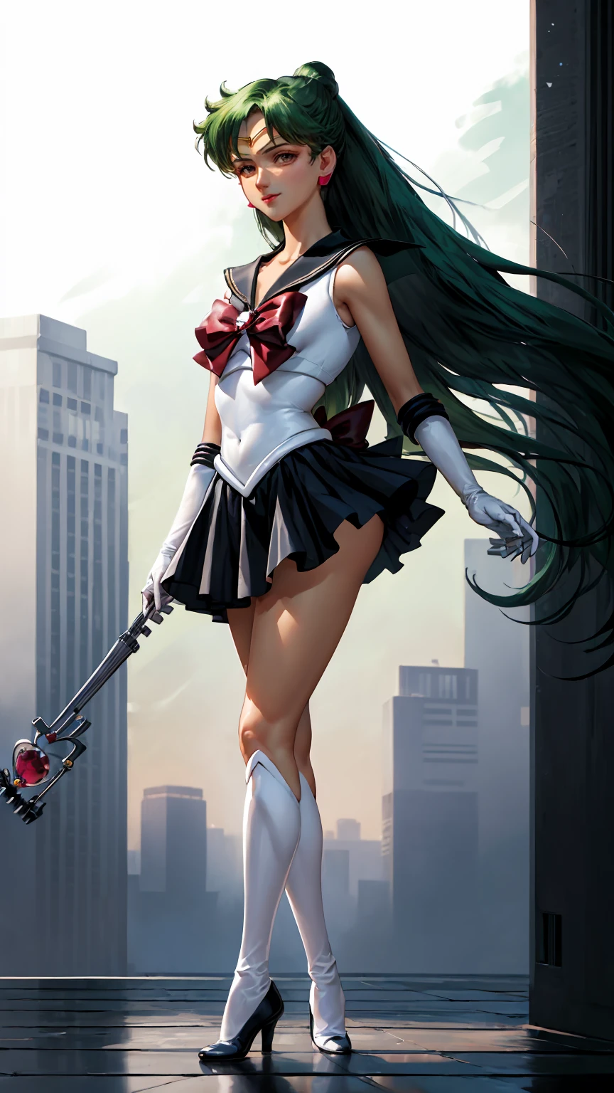 Masterpiece, Best Quality, High Resolution, 1girl, Solo, Ponytail, Green Hair, (Elbow Gloves), Headdress, dark red Bow, Tight Top, (Black Sailor Collar), White Gloves, Earrings, Smile, Pure Background, Clean Background, white Background, Black Skirt, (Sailor Pluto Uniform), (Sailor Pluto Uniform), Standing, walking, back, front, looking at the camera, dynamic poses. Leng Jun, White Top, Elbow Gloves, black boot, walking on the floor