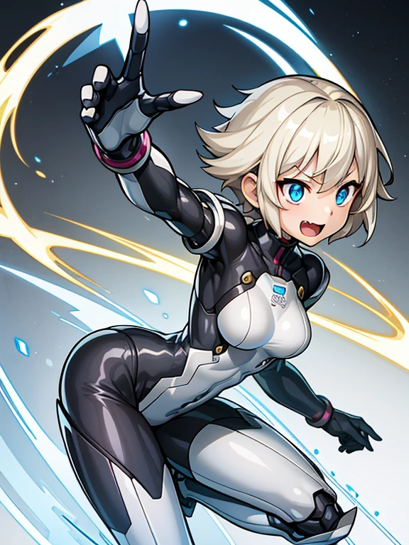 1 girl, alone, Tsurime, laughter, big mouth, dynamic pose,Silver Mechanical Bodysuit、blonde short hair、