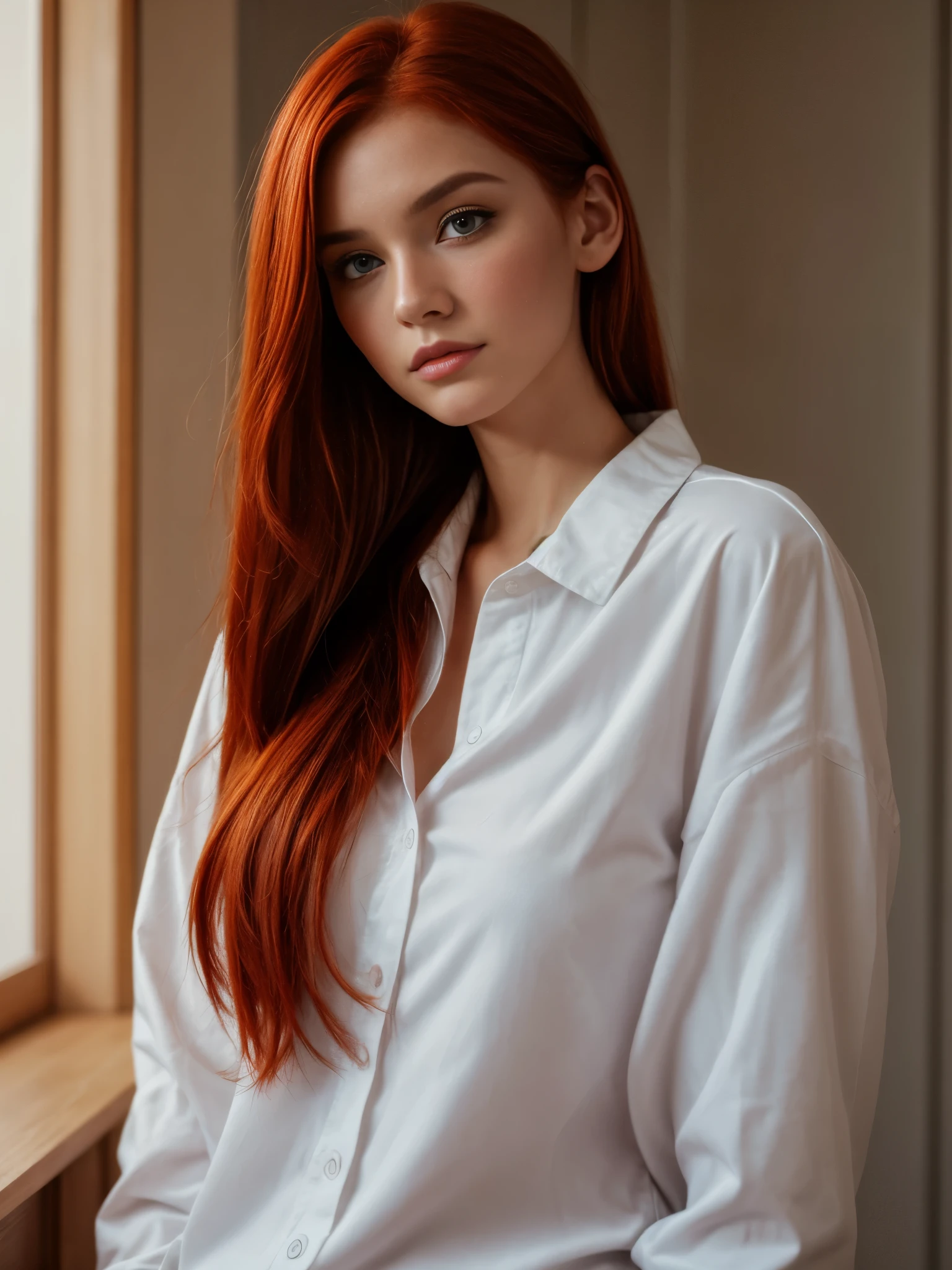 raw photo, (25yo redhead girl:1.2), makeup, graphic eyeliner, rouge, (choker:0.9), realistic skin texture, oversize shirt, (red:0.8), softcore, warm lighting, cosy atmosphere, instagram style