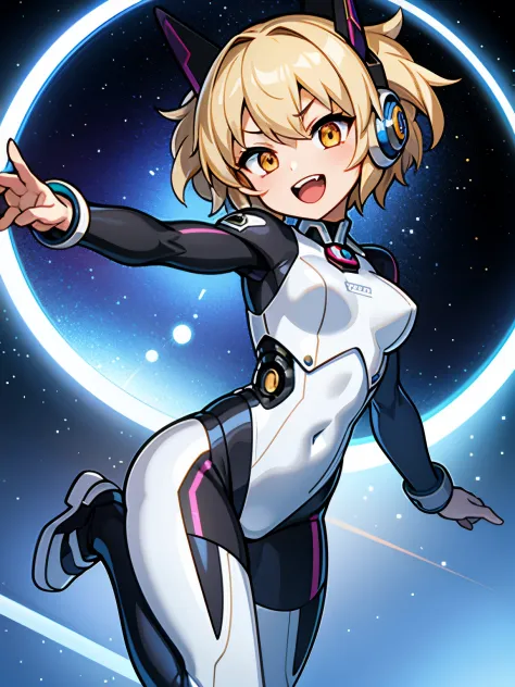 1 girl, alone, Tsurime, laughter, big mouth, dynamic pose,Silver Mechanical Bodysuit、blonde short hair、headphone、Outer space background