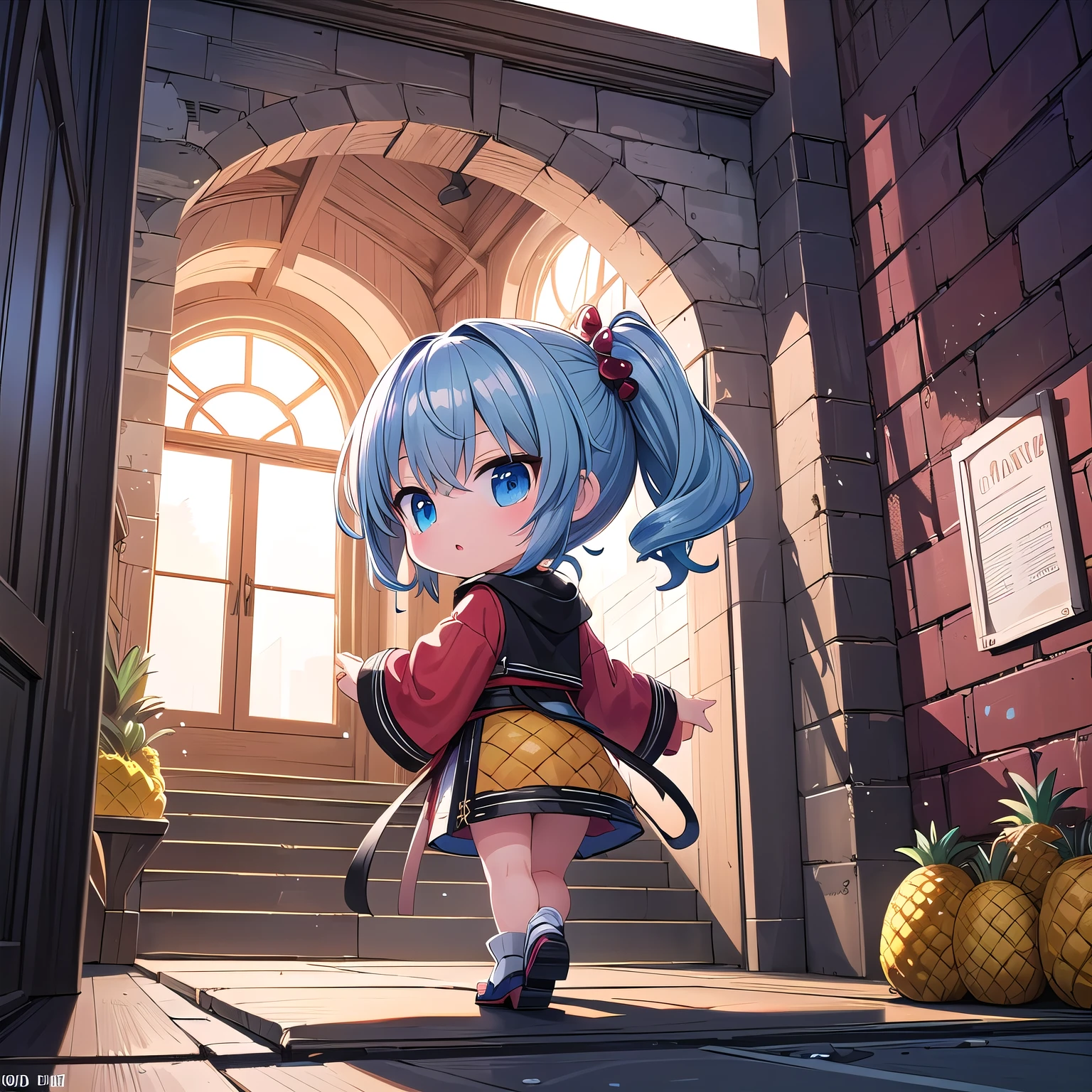 (((Chibi, miniature,REAL, pineapple, 3DCG, minimum, Nendoroid, 1girl))), (front view,360°view, stereoscopic vision) ,(masterpiece, almond-shaped eyes, glossy white-blue hair, short chignon hair, cute and cunning, troubled face, top quality, delicate fingers, warm Clothes, smooth, beautiful skin), red cheeks, curly hair, Sengoku costume, time travel to past civilizations, ruins background, intense light and shadow,night,sparkling eyes, walking with her hands behind her back, the best location, wilderness oath,climb the long stairs, put your hands together and tilt your head, underground city, stone doors, the door of light and the door of darkness, the choices of fate, Memory management, 5-dimensional  pineapple world