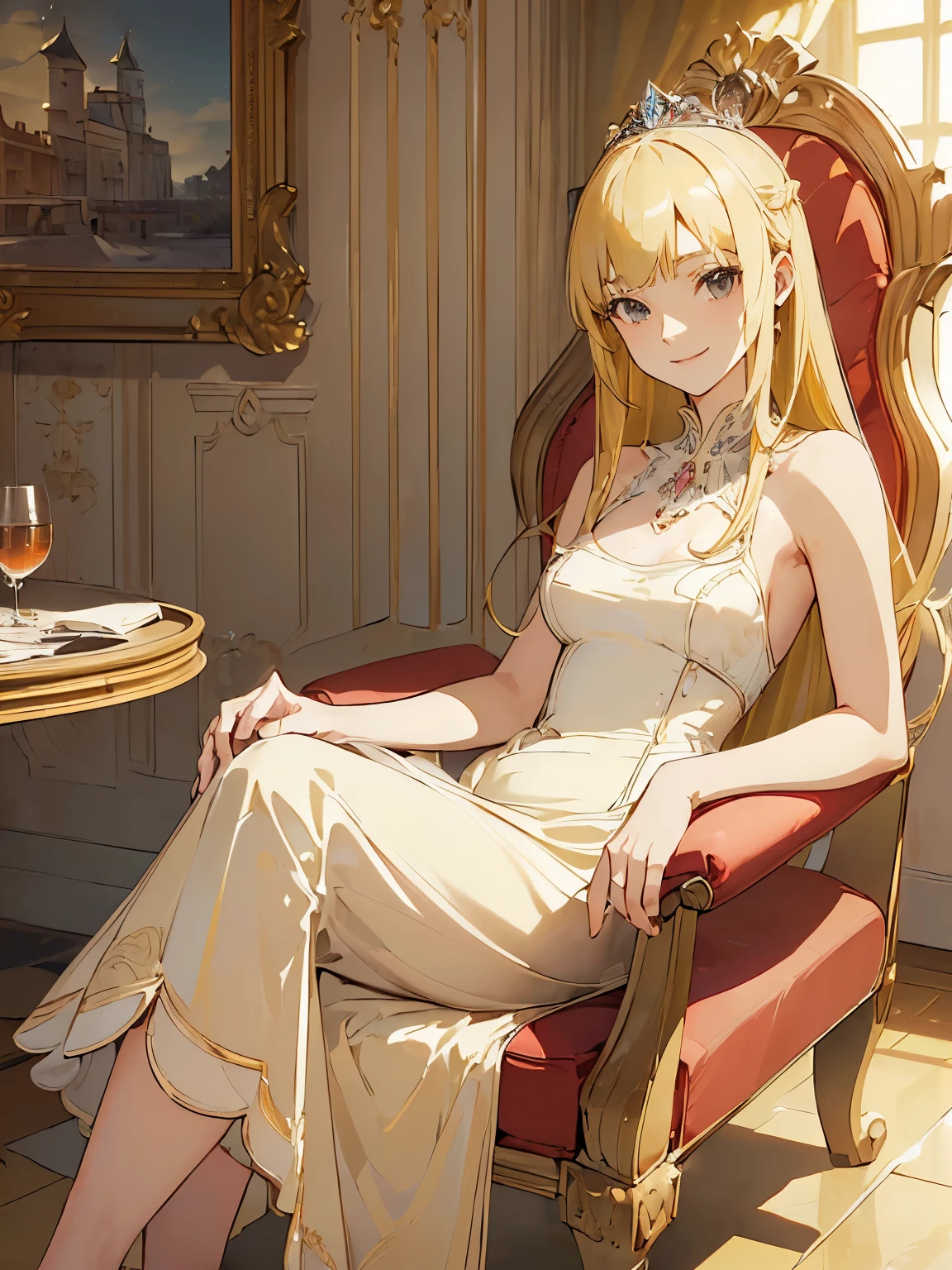 (((masterpiece))) ((( background =  inside Elegant Castle : high-class room : detail ))) (((character = young female : elegant long blonde hair with straight bang : small breast : fit body : princess dress : sitting on a chair : elegant smile )))