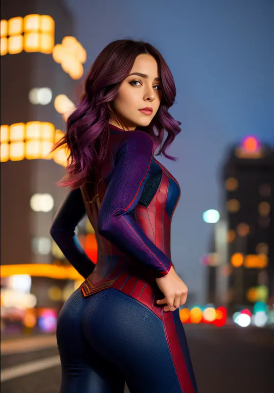 a purple-haired woman in detailed brown spider-man costume from marvel comics, pechos grandes, pose de superheroe, de pie en la ...