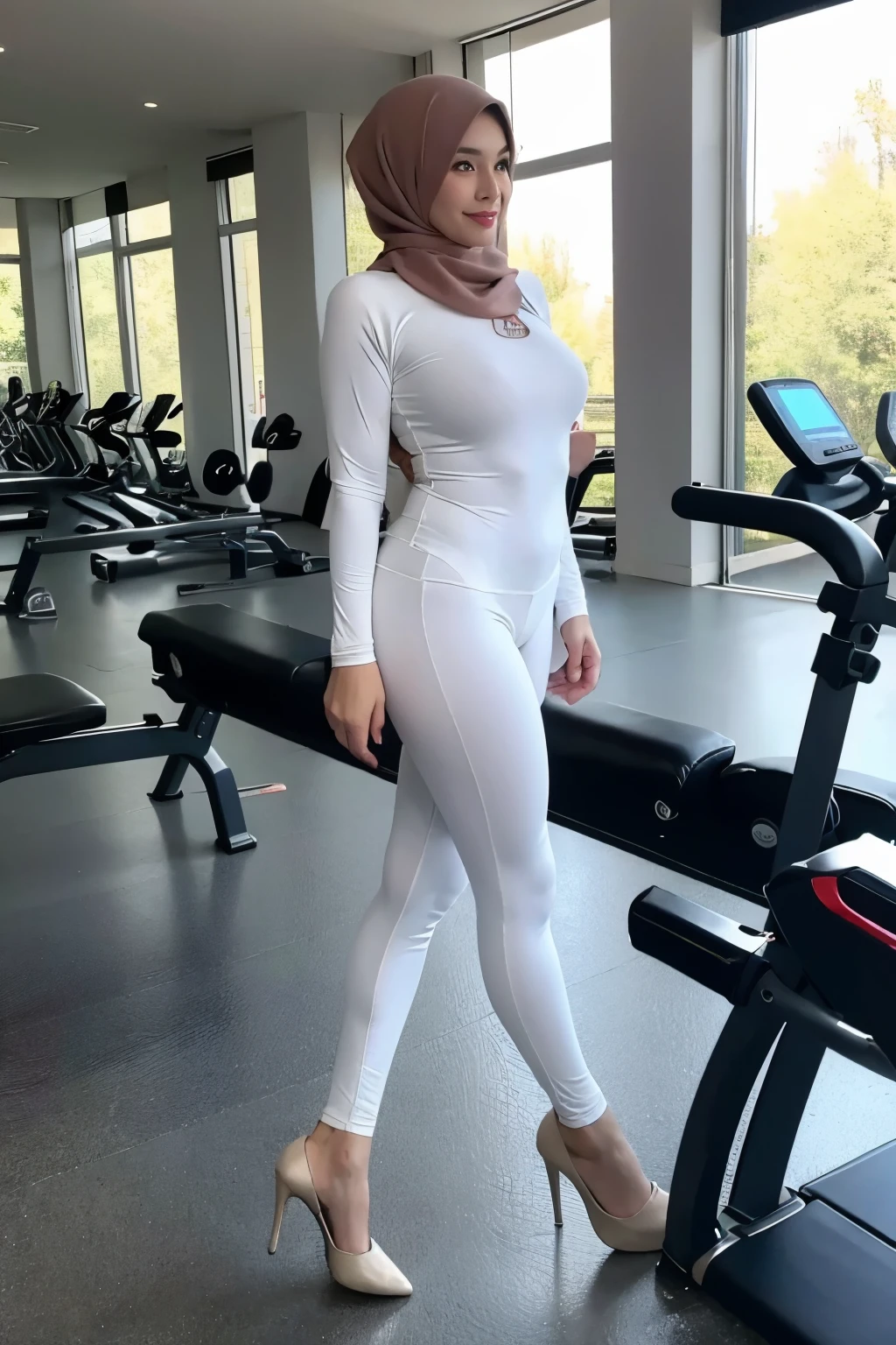 beautiful hijabi, slim, tall, medium breast, mature woman, (see through delicate tight long sleeves shirt), pokies, (leggings), lifting weights pose, in the gym, natural lights, high heels, hands grabbing breast, hand on breast, panty line,