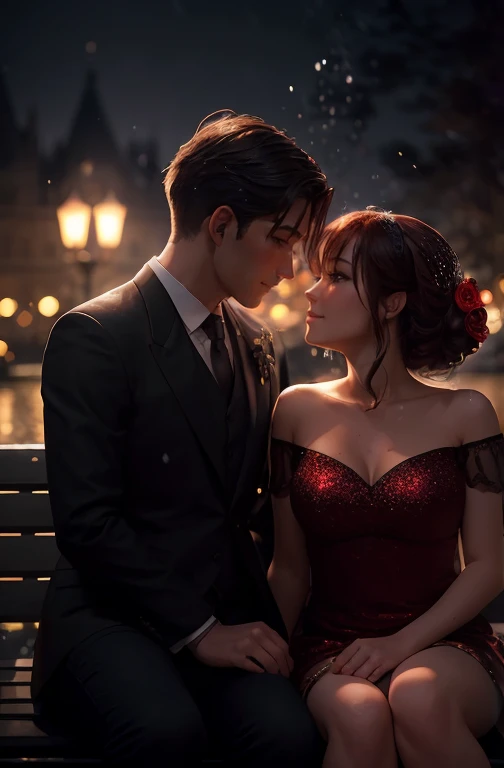 Intimate and high-quality photos of (Couple:1.2), Sit On (Bench:1.1), (Enchanting Light:1.1), sexy, passionate, exquisitely detailed, (sweat:1.1) with (glittering droplets:1.1), castle backgrounds, Sony Alpha 7R IV Camera, Digital Photo, f/2.8 lens, black-red, , Too many realistic textures, trends on social media, night light