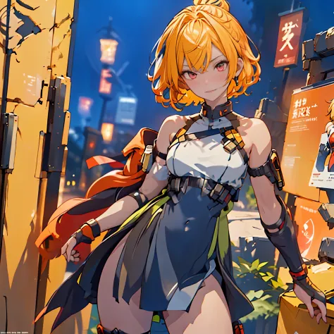 1 girl, tie up hair, short hair, short blond hair, red eyes, innocent smile, black mech armor, cool and sexy face, black thigh knee sock, Sharp face, Yellow ribbon, battlefield, outside, black crown,  standing, ,Fenny Coronet, Shotgun , one person, alone, ...