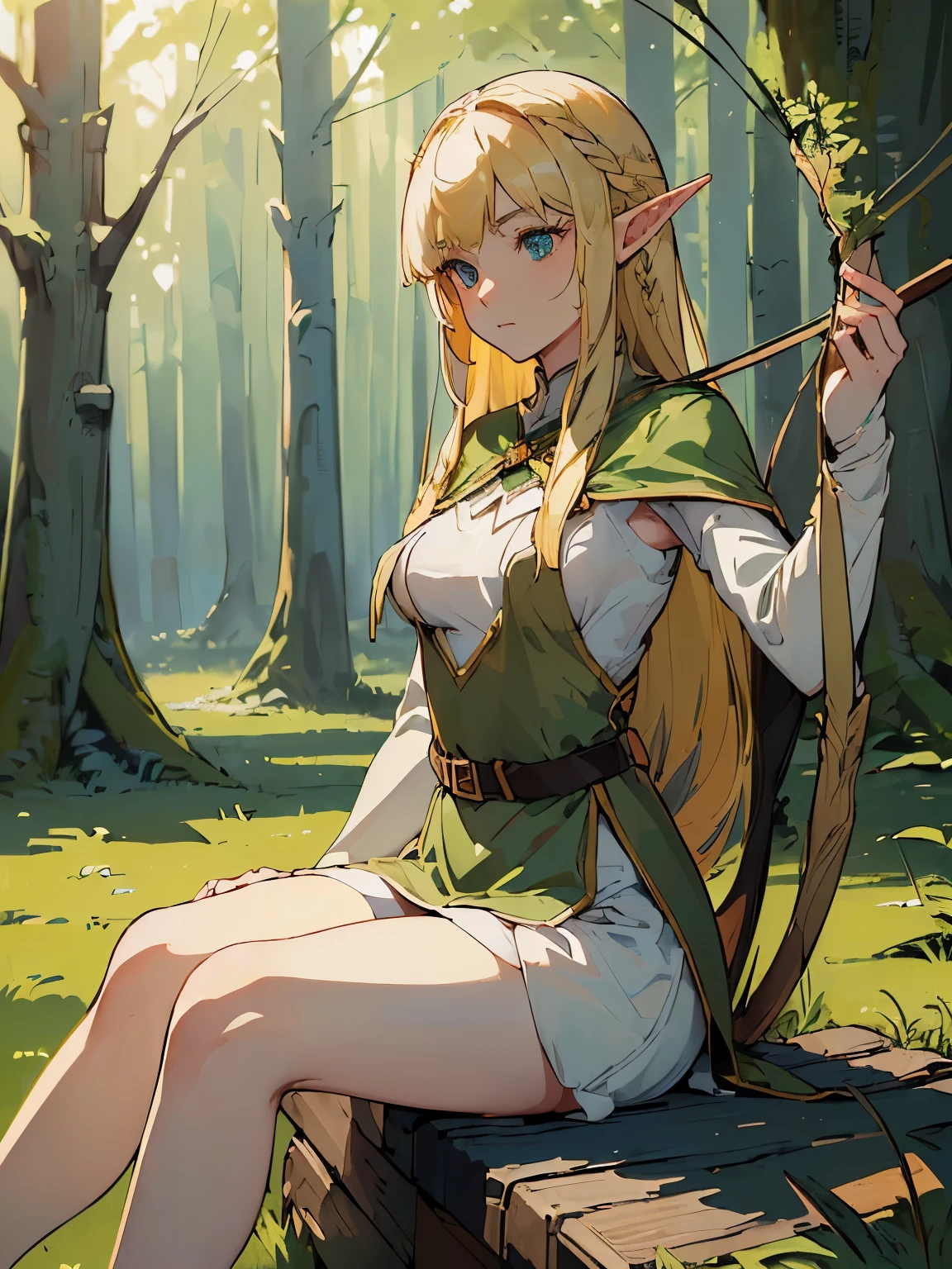 (((masterpiece))) ((( background =  thick forest : at night : camp : detail ))) (((character = young elf female : elegant long blonde hair with straight bang : small breast : fit body : archer outfit : sitting on the ground : relaxing )))