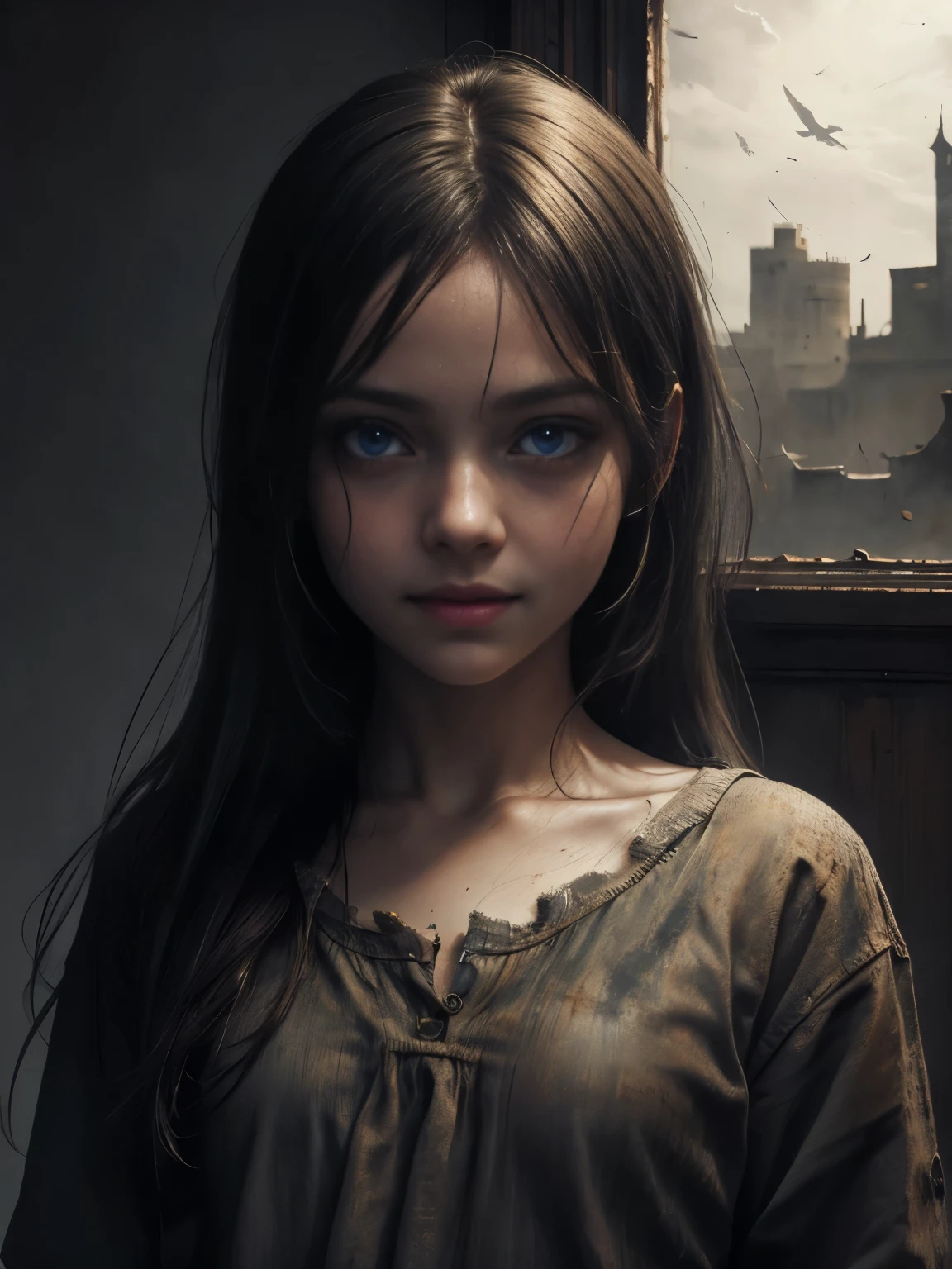 A haunting portrait of a young European girl, blue eyes, poor, happy, smiling, Focus on realism and intricate details to capture the unsettling nature of her appearance. Depict her eyes, dirty skin, and  in vivid and precise detail, using shading and textures to bring the image to life. Upper body shot